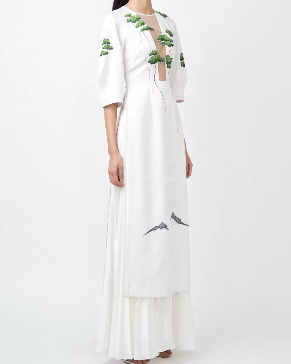 Woman Tiny Ink Dresses | Flying Forest-Painted Voluminous Sleeve White Contemporary Ao Dai