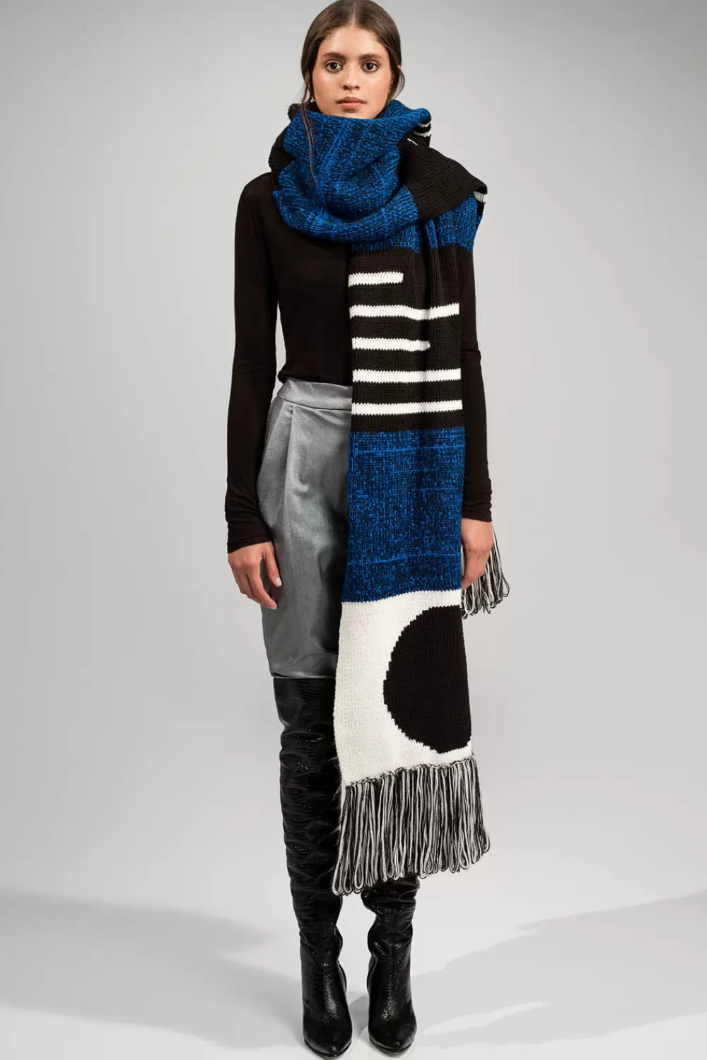 Woman Manuela Alvarez Scarves | Hand Woven Moon Scarf In Black/Blue/Ivory