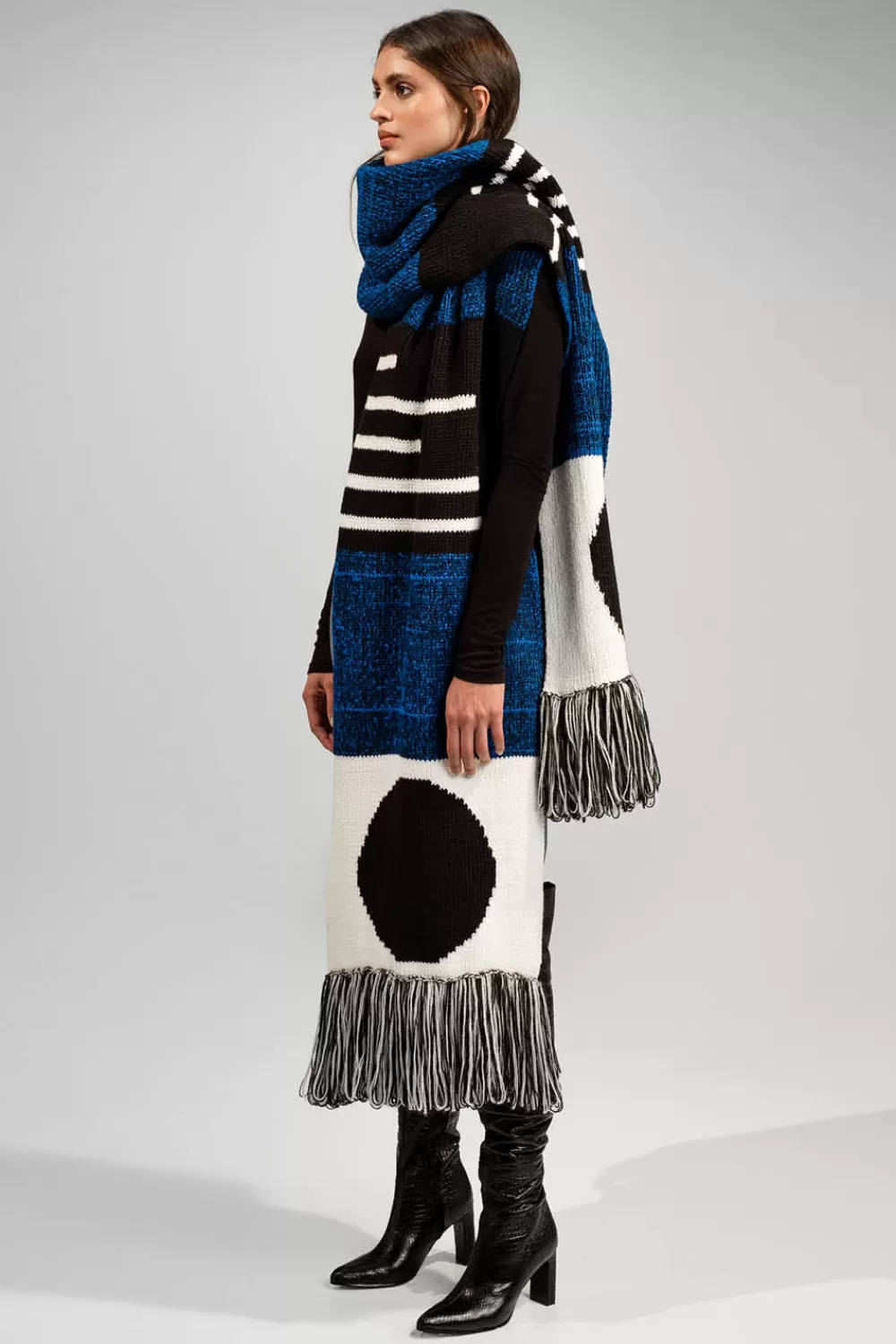 Woman Manuela Alvarez Scarves | Hand Woven Moon Scarf In Black/Blue/Ivory