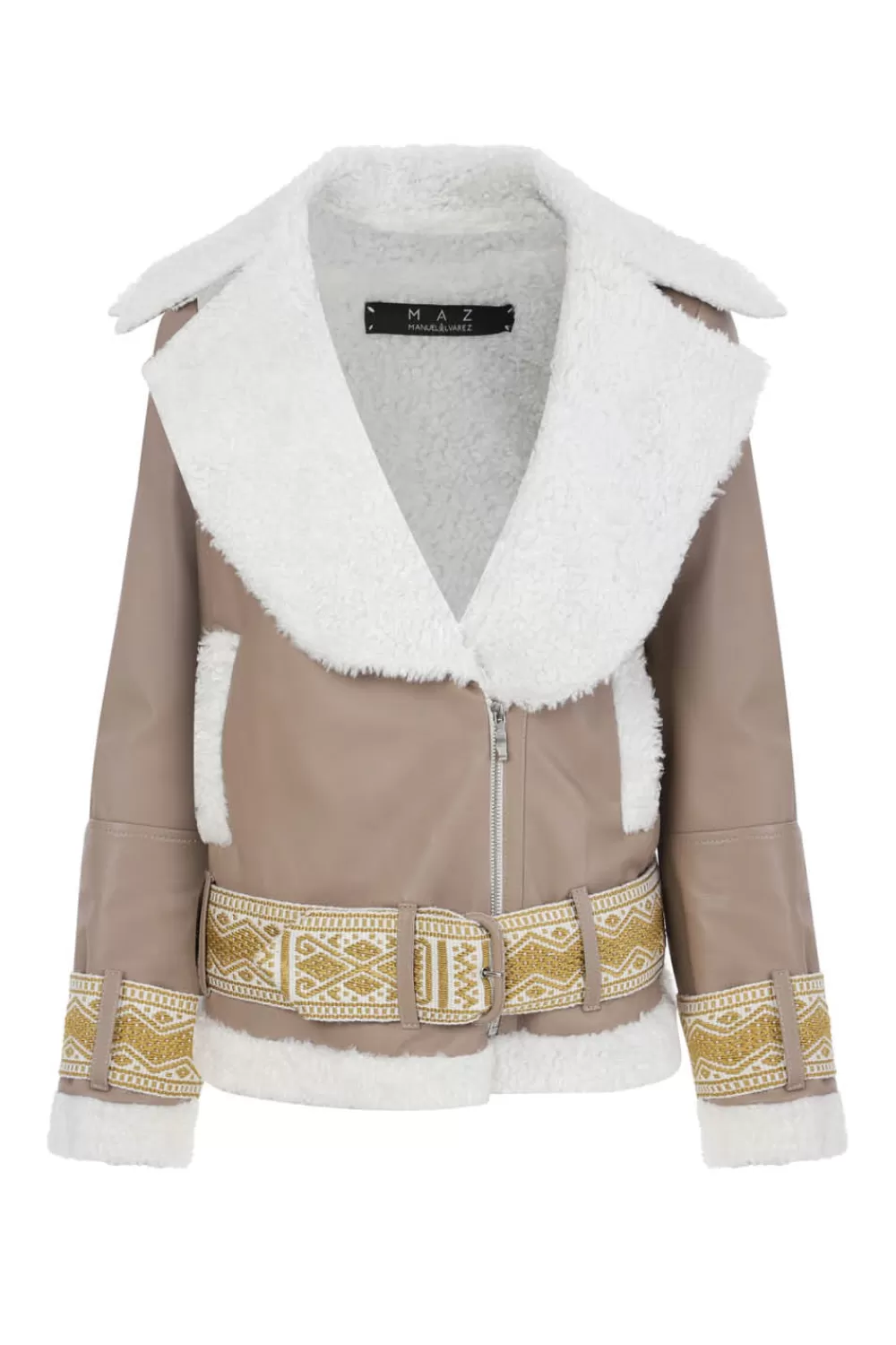 Woman Manuela Alvarez Coats | Leather Chumbe Jacket In Sand / Ivory Gold Handcuffs And Belt