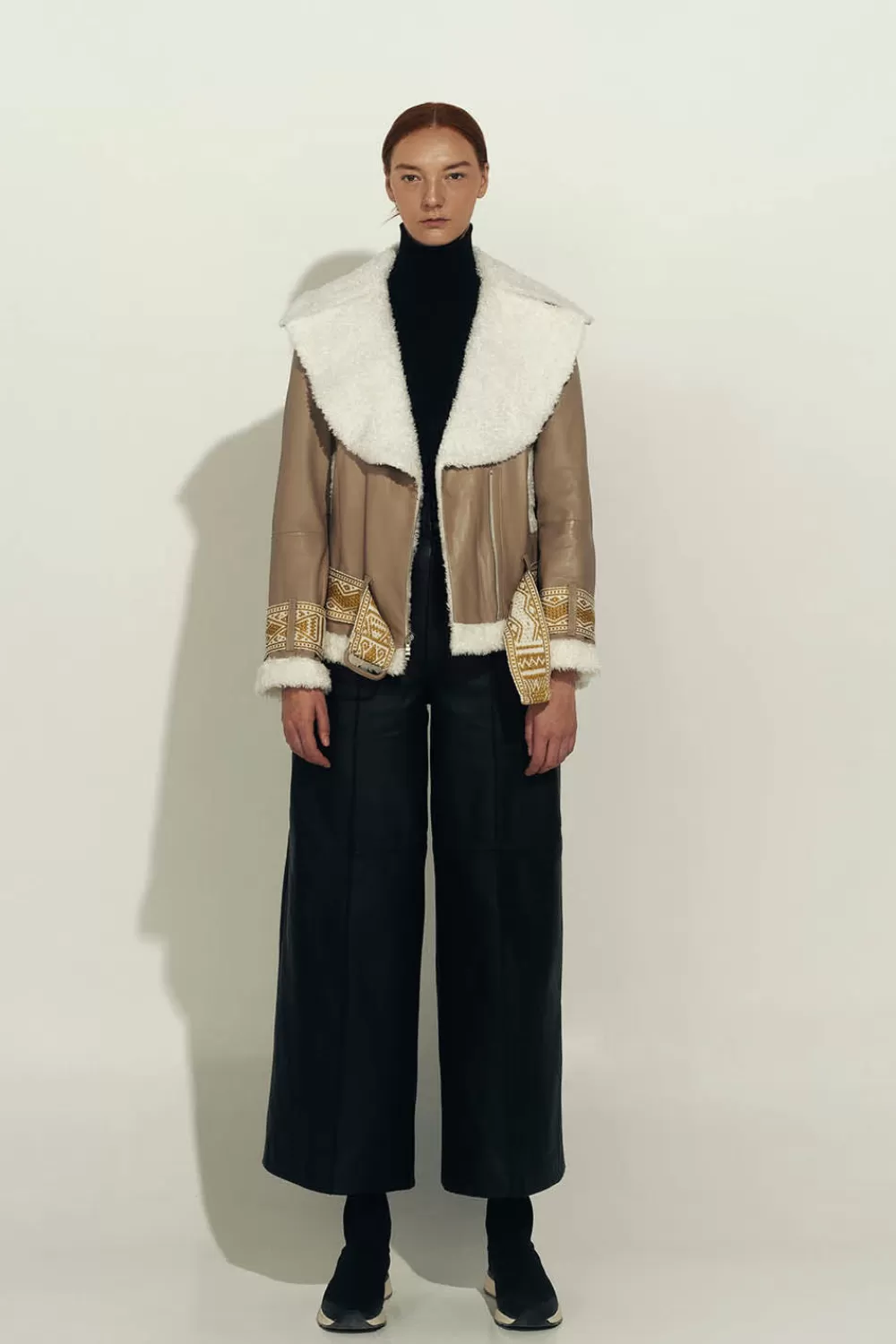 Woman Manuela Alvarez Coats | Leather Chumbe Jacket In Sand / Ivory Gold Handcuffs And Belt