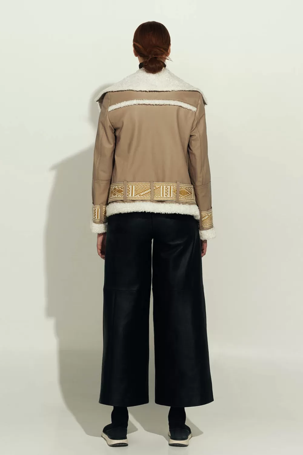 Woman Manuela Alvarez Coats | Leather Chumbe Jacket In Sand / Ivory Gold Handcuffs And Belt