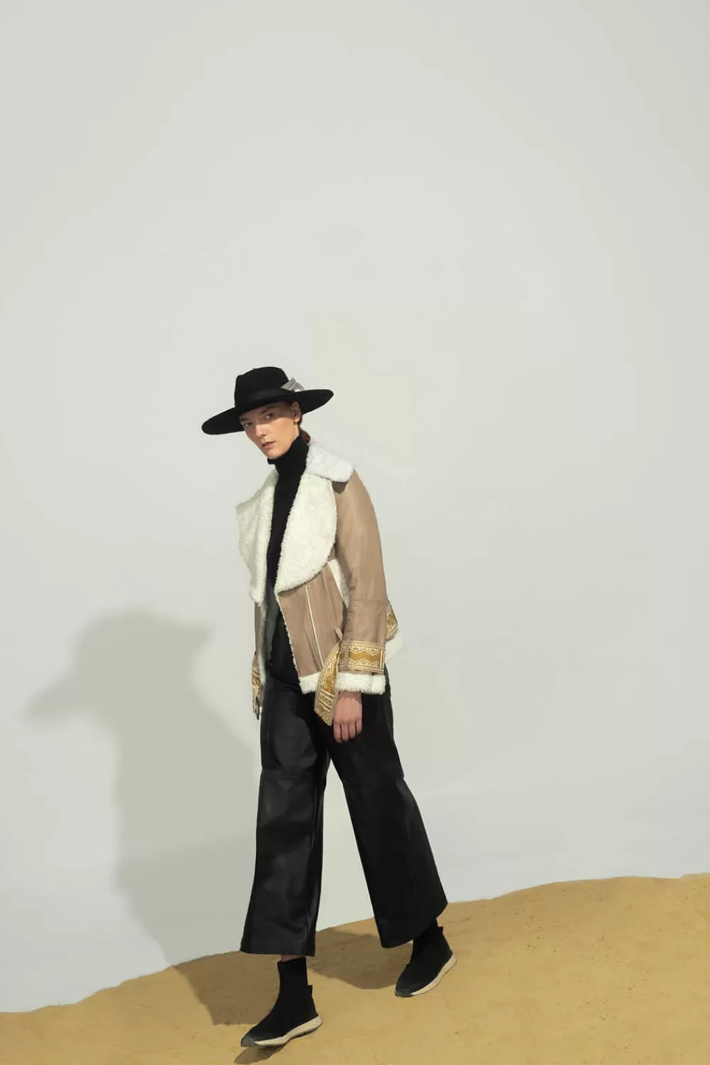 Woman Manuela Alvarez Coats | Leather Chumbe Jacket In Sand / Ivory Gold Handcuffs And Belt