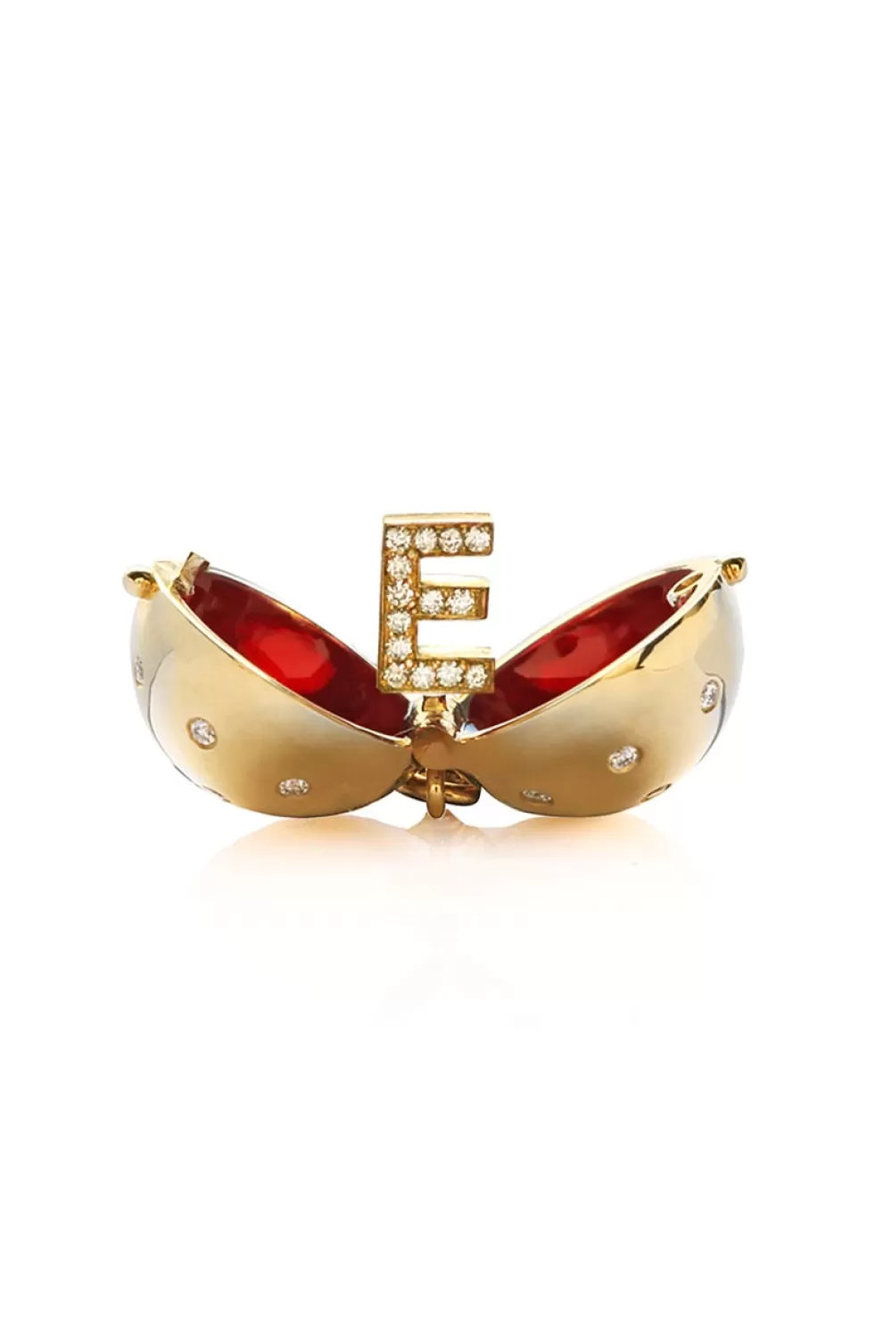 Woman Santo by Zani Fine Jewelry | Letter E Signature Sphere Orb Necklace In 18K Yellow Gold With Diamonds And Red Enamel