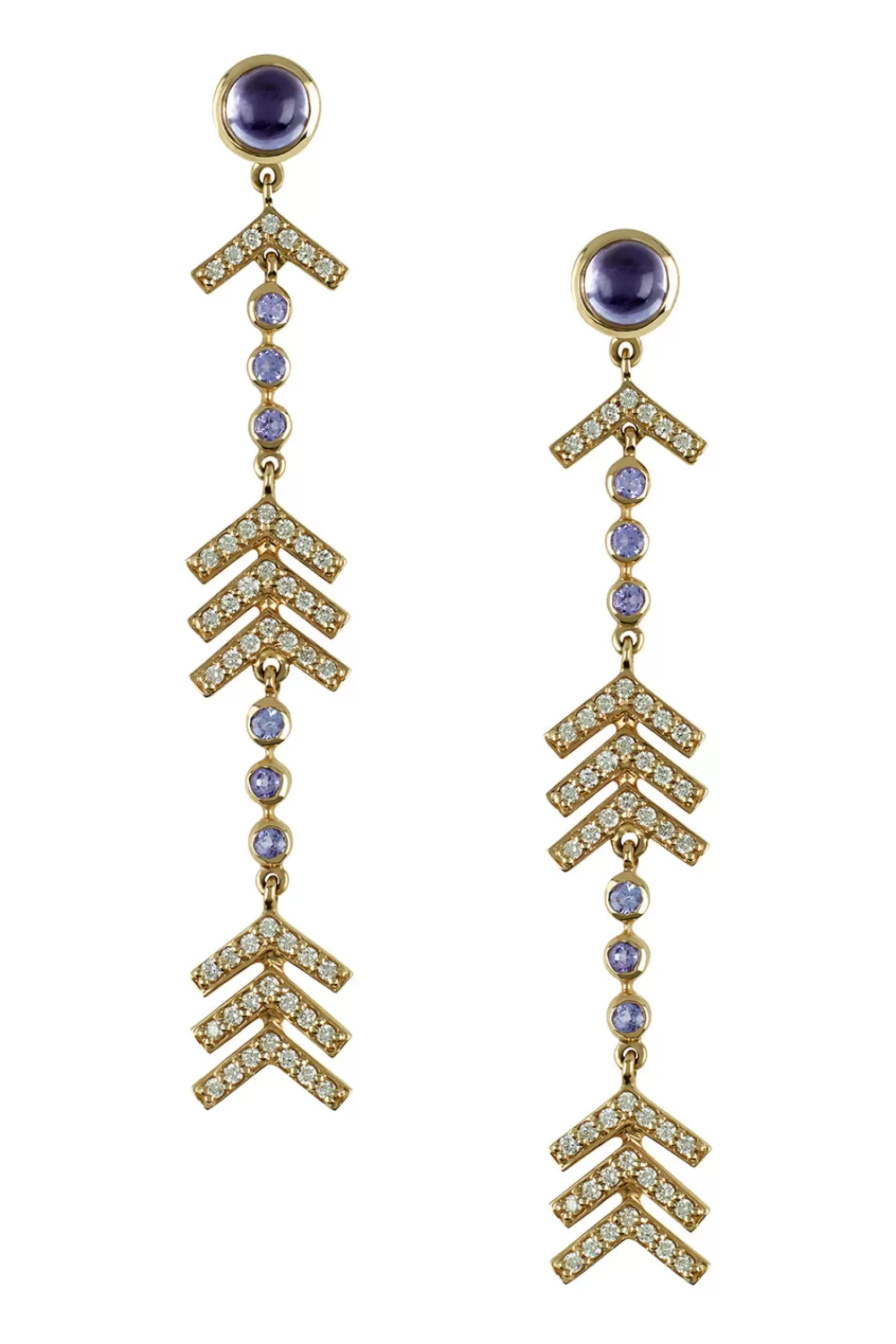 Woman Marlo Laz Fine Jewelry | Long Arrow Earrings In 14K Yellow Gold With Pave Diamonds, Lolites & Tanzanites