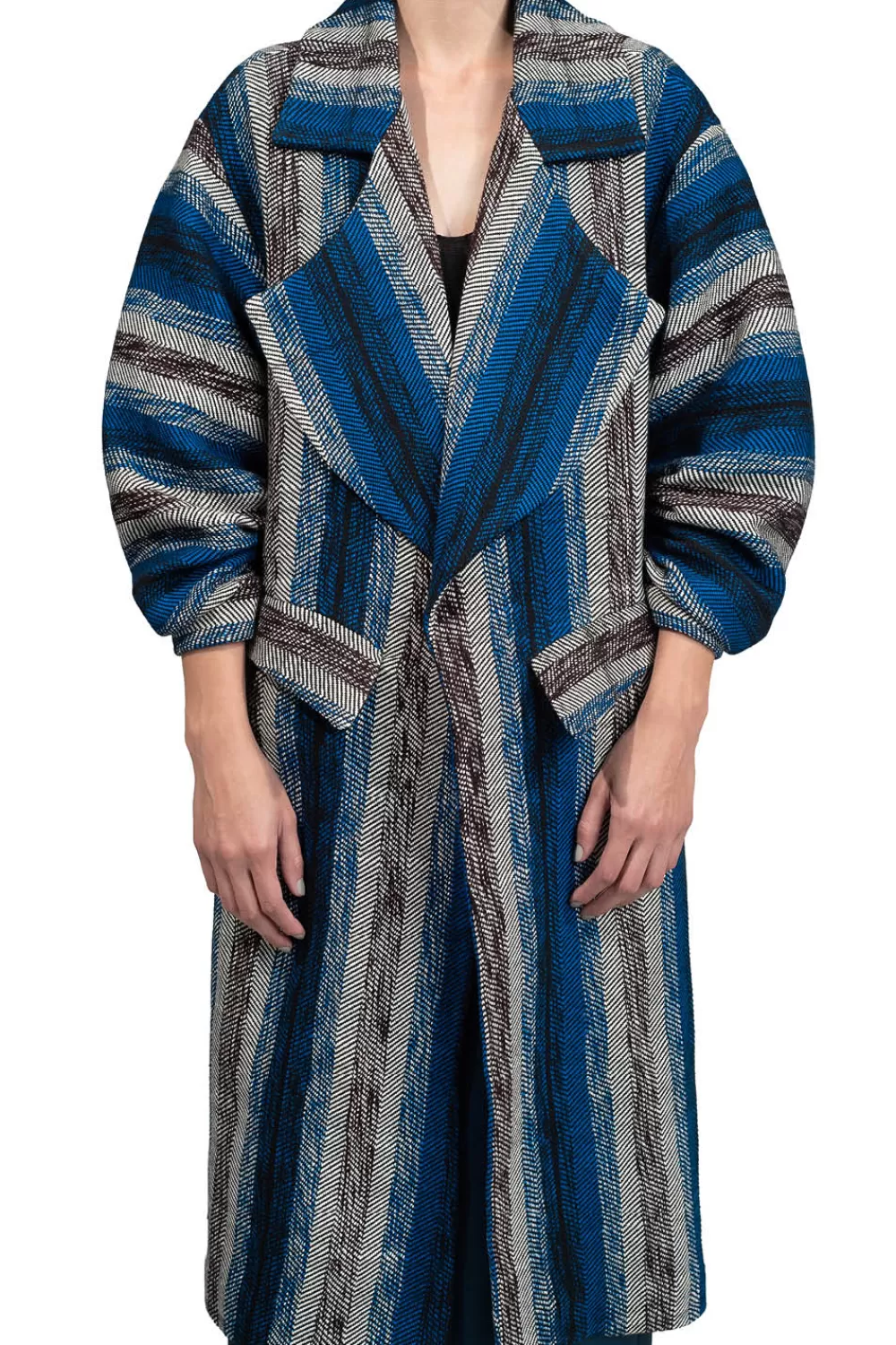 Woman Manuela Alvarez Coats | Moon Stripes Long Coat In Black/Blue/Ivory/Plum