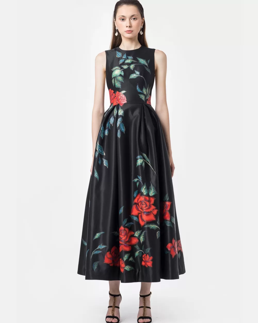 Woman Tiny Ink Dresses | Rose Garden-Paintedsleeveless Black Gown Dress