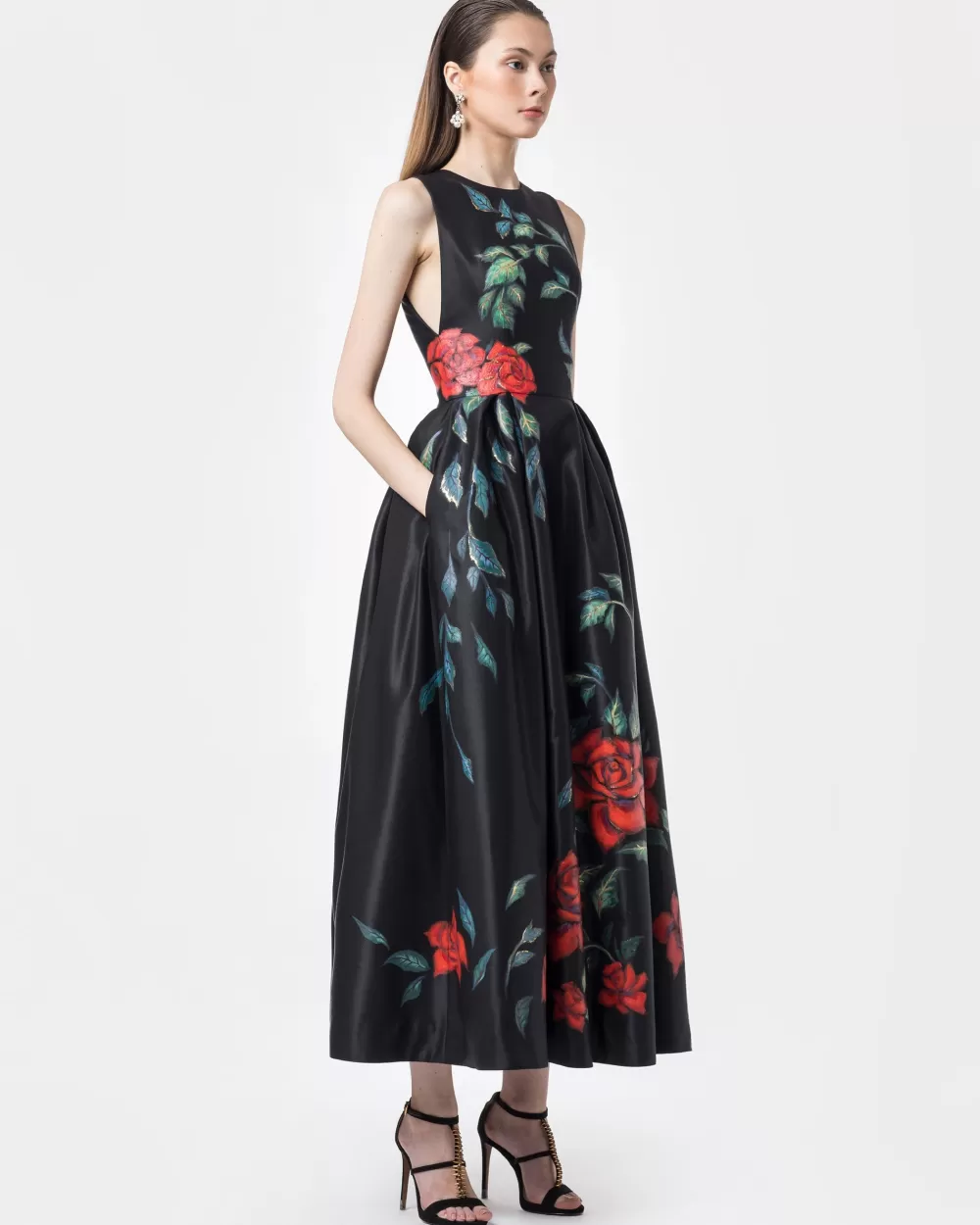 Woman Tiny Ink Dresses | Rose Garden-Paintedsleeveless Black Gown Dress