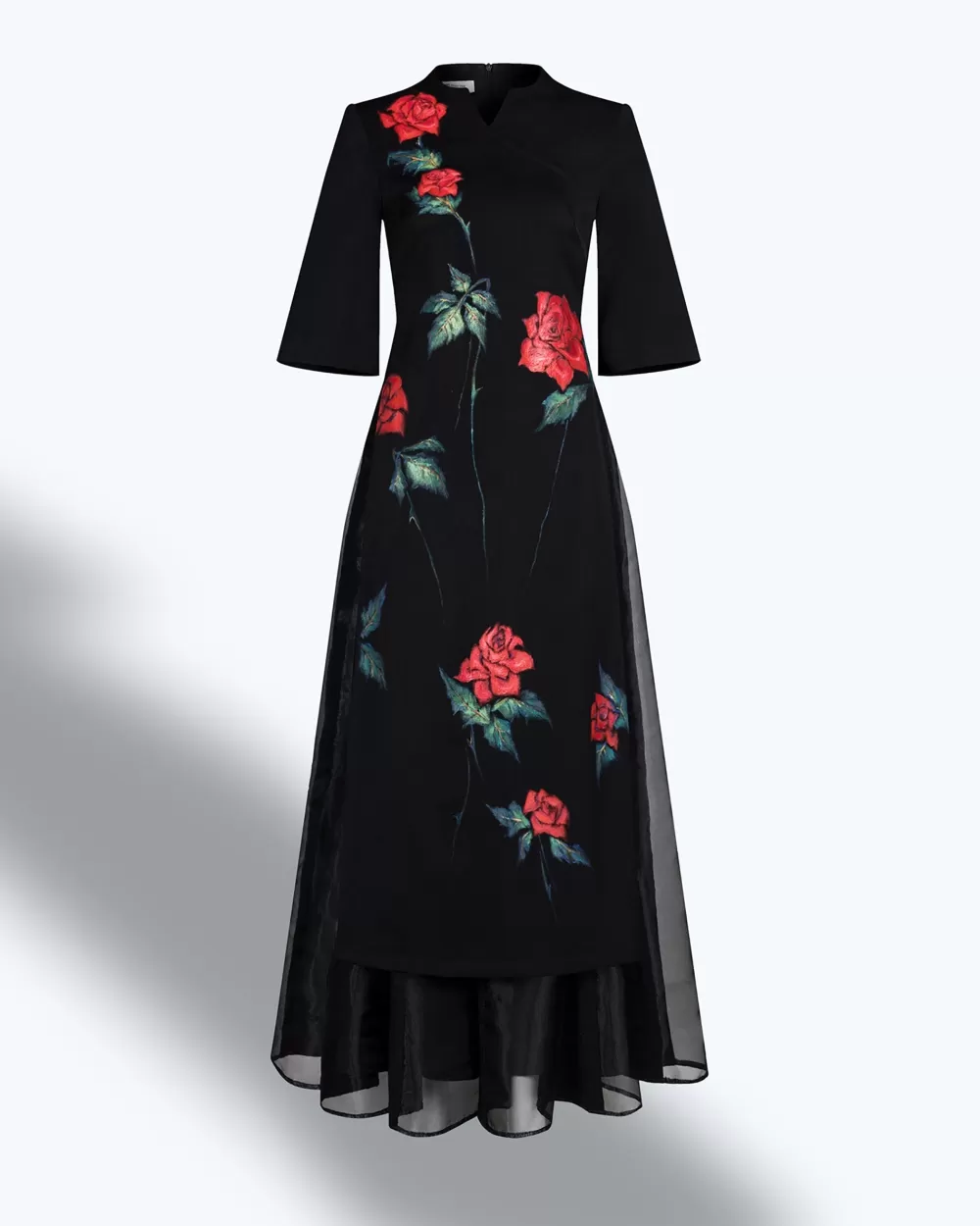 Woman Tiny Ink Dresses | Roses-Painted Bell Sleeve Contemporary Black Aodai