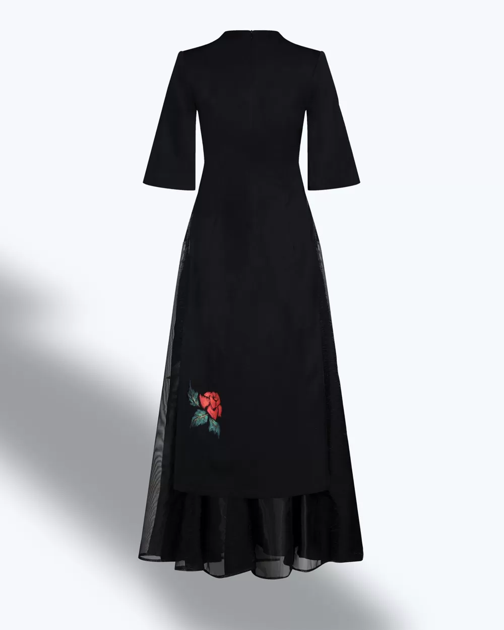 Woman Tiny Ink Dresses | Roses-Painted Bell Sleeve Contemporary Black Aodai