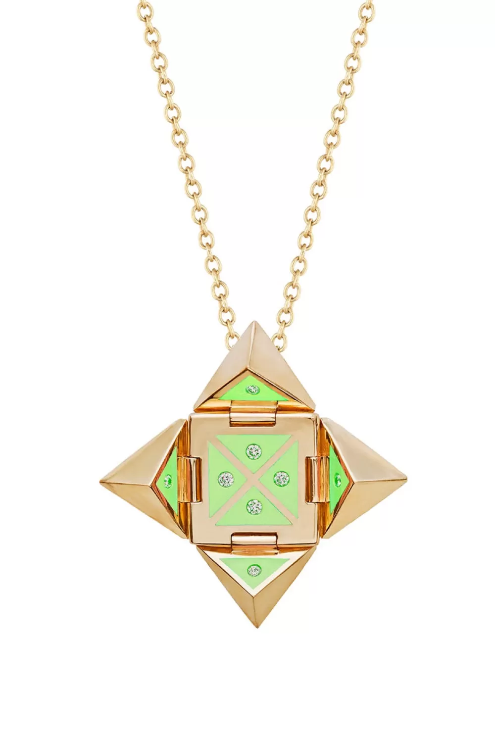 Woman Santo by Zani Fine Jewelry | Yellow 14K Gold Shield Necklace In Lime Green Ceramic And Diamonds
